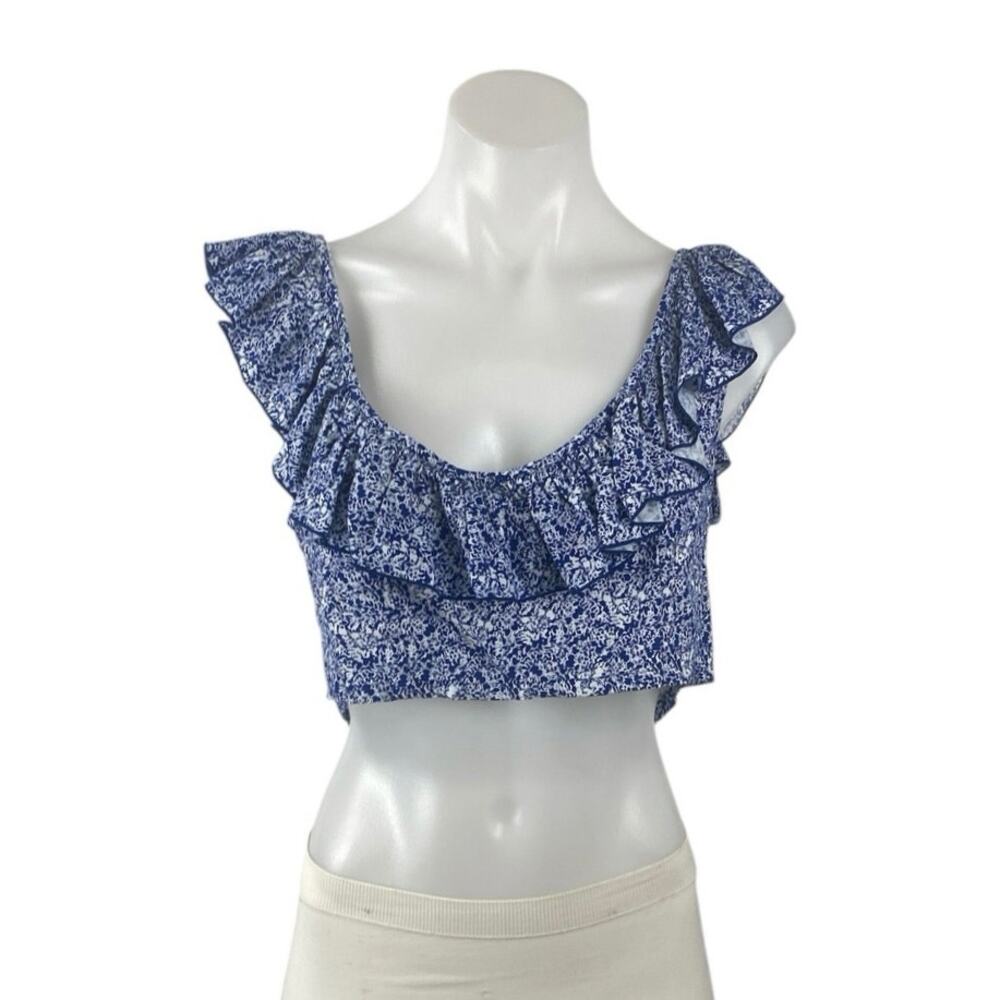 NEW Valija Blue Ruffle Scoop Neck Backless Smocked Printed Boho Crop Top Size L